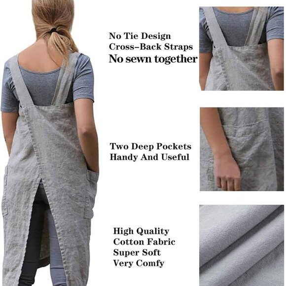 Japanese Pinafore Apron Smock Cotton Apron with Pockets Plus Size Aprons for Wom - Picture 4 of 6